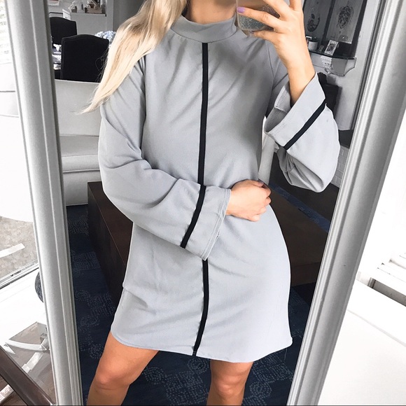 🆕 GREY HIGH NECK BLACK TRIM LONG SLEEVE DRESS! - Picture 7 of 8